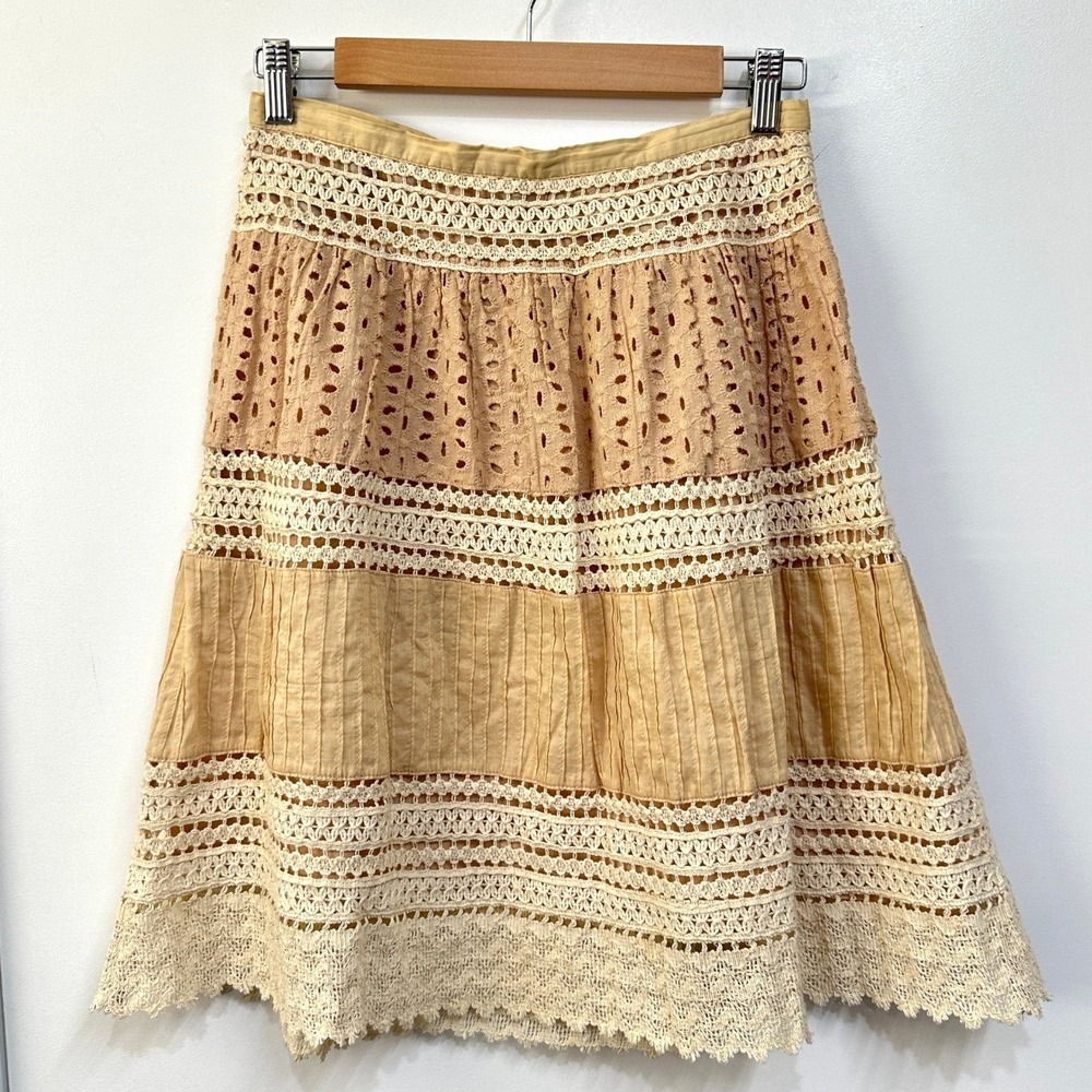 VTG Y2K Tiered Eyelet Crochet Lace Skirt XS Beige Cream ALine Lined Cottagecore